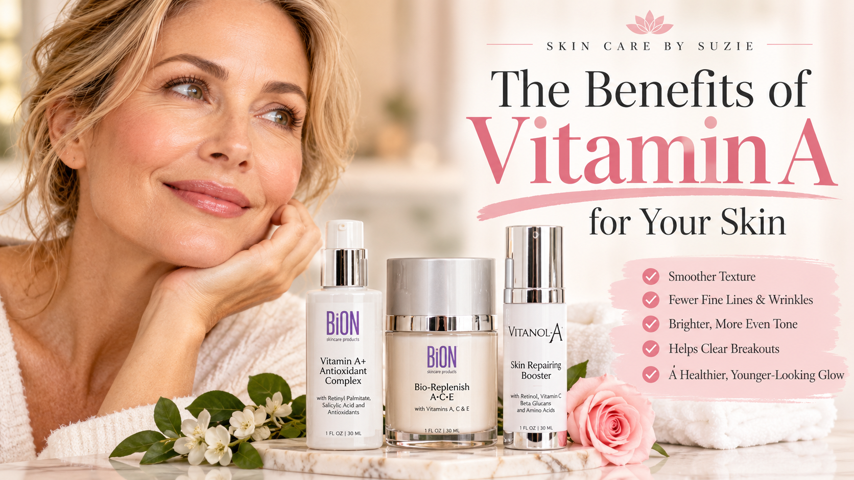 Vitamin A skincare guide featuring BiON and Vitanol-A products